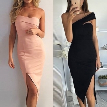 Sexy Oblique Shoulder Slit Hem Solid Color Slim Fit Party Dress