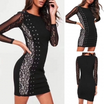 Sexy See-through Lace Spliced Long Sleeve Lace-up Tight Dress