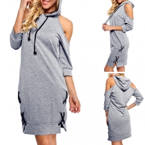 Sexy Off-shoulder 3/4 Sleeve Lace-up Hem Hooded Dress