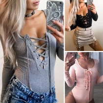 Sexy Lace-up Deep V-neck Long Sleeve Solid Color Bodysuit