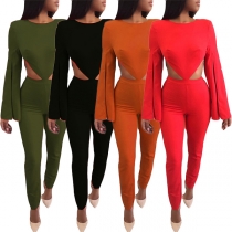 Sexy Backless Hollow Out High Waist Slit Long Sleeve Jumpsuit 