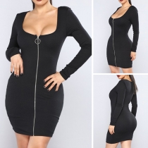 Sexy Low-cut U-neck Long Sleeve Solid Color Zipper Tight Dress