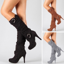 Fashion Solid Color High-heeled Round Toe Boots