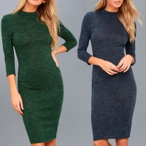 Elegant Solid Color 3/4 Sleeve Round Neck Slim Fit Dress