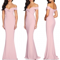 Sexy Off-shoulder Boat Neck High Waist Solid Color Floor-length Evening Dress