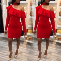 Sexy Oblique Shoulder Long Sleeve Slim Fit Ruffle Dress