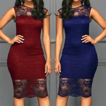 Sexy See-through Lace Spliced Sleeveless Round Neck Slim Fit Dress