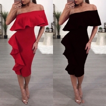 Sexy Oblique Shoulder Solid Color Slim Fit Ruffle Party Dress