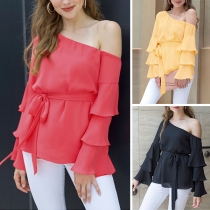 Sexy Oblique Shoulder Trumpet Sleeve Solid Color Chiffon Top