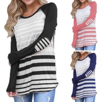 Simple Style Long Sleeve Round Neck Striped T-shirt 