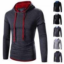 Fashion Contrast Color Long Sleeve Hooded Men's T-shirt 