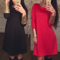Fashion Solid Color Sequin Spliced Long Sleeve Round Neck Chiffon Dress