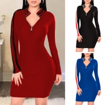 Fashion Contrast Color Long Sleeve Stand Collar Tight Dress