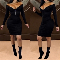 Sexy Deep V-neck Long Sleeve Solid Color Tight Dress