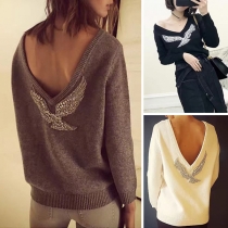 Sexy Deep V-neck Rhinestone Eagle Long Sleeve Pullover Sweater