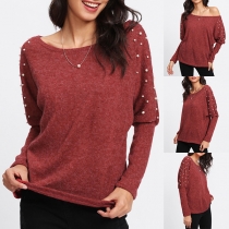 Fashion Solid Color Long Sleeve Round Neck Bead Sweater