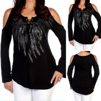 Sexy Off-shoulder Long Sleeve Lace-up V-neck Printed T-shirt 