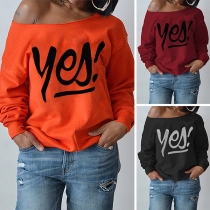 Sexy Oblique Shoulder Letters Printed Long Sleeve Sweatshirt 