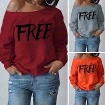 Sexy Oblique Shoulder Long Sleeve Letters Printed Loose Sweatshirt 