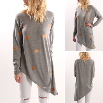 Fashion Long Sleeve Round Neck Irregular Slit Hem Dots Printed T-shirt