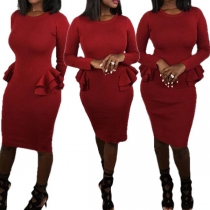 Elegant Solid Color Long Sleeve Round Neck Slim Fit Ruffle Dress