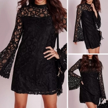 Sexy Hollow Out Lace Spliced Trumpet Sleeve Solid Color Dress