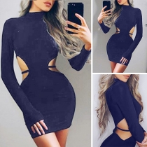 Sexy Hollow Out High Waist Long Sleeve Solid Color Tight Dress