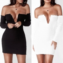 Sexy Off-shoulder V-neck Long Sleeve Solid Color Tight Dress