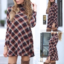 Fashion Long Sleeve High Neck Plaid Dress