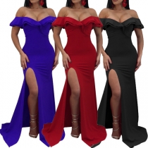 Sexy Off-shoulder Slit Hem Solid Color Ruffle Evening Dress