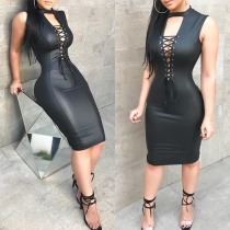 Sexy Sleeveless Pure Black Color Hollow Out Slim Fit Lace-up Over-hip Dress