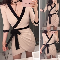 Sexy Deep V-neck Contrast Color Crossover Waistband Over-hip Dress