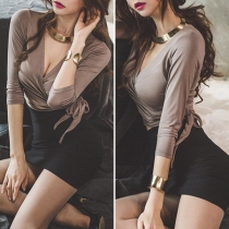 Sexy Deep V-neck Solid Color Slim Fit Top + Over-hip Skirt Two-piece Set 