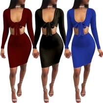 Sexy Deep V-neck Long Sleeve Hollow Out Solid Color Over-hip Dress