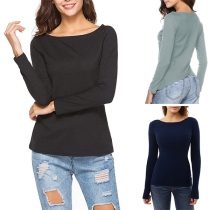 Fashion Round-neck Solid Color Long Sleeve Irregular Hemline Shirt