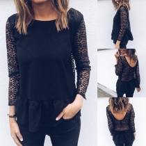 Fashion Solid Color Lace Spliced Hollow Out Lotus Hemline Slim Fit Shirt