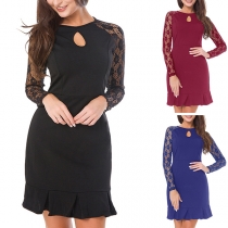 Sexy Hollow Out Lace Embroidered Spliced Long Sleeve Slim Fit Dress 