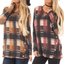 Sexy Contrast Color Round-neck Plaid Printed Long Sleeve Spliced Shirt