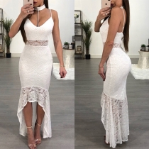 Sexy Deep V-neck Sleeveless Lace Embroidered High-low Lotus Hemline Dress