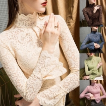 Sexy Solid Color Trumpet Sleeve Round Neck See-through Lace Top