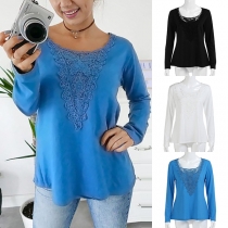 Fashion Solid Color Long Sleeve Round Neck Lace Spliced T-shirt 
