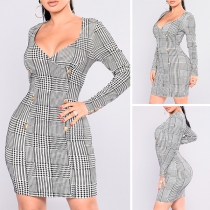 OL Style Long Sleeve V-neck Double-breasted Slim Fit Plaid Dress