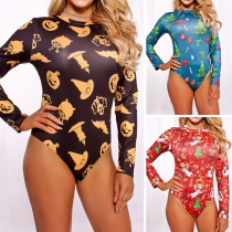 Fashion Long Sleeve Round Neck Printed Bodysuit 