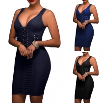 Sexy Deep V-neck Sleeveless Lace-up Slim Fit Dress