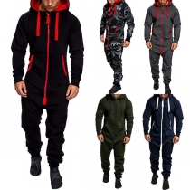 Fashion Contrast Color Long Sleeve Hooded Men's Sports Jumpsuit