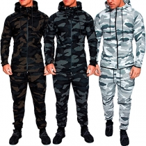 Fashion Camouflage Printed Two-piece Set for Men Consist of Drawstring Hooded Sweat Jacket and Sweatpants