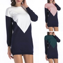 Fashion Contrast Color Long Sleeve Round Neck Knit Dress
