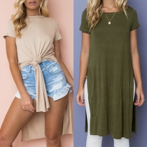 Fashion Solid Color Short Sleeve Round Neck Slit Hem T-shirt 