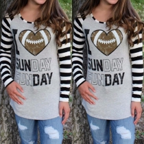 Fashion Letters Printed Striped Spliced Long Sleeve Round Neck T-shirt 
