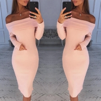 Sexy Off-shoulder Boat Neck Long Sleeve Solid Color Slim Fit Dress